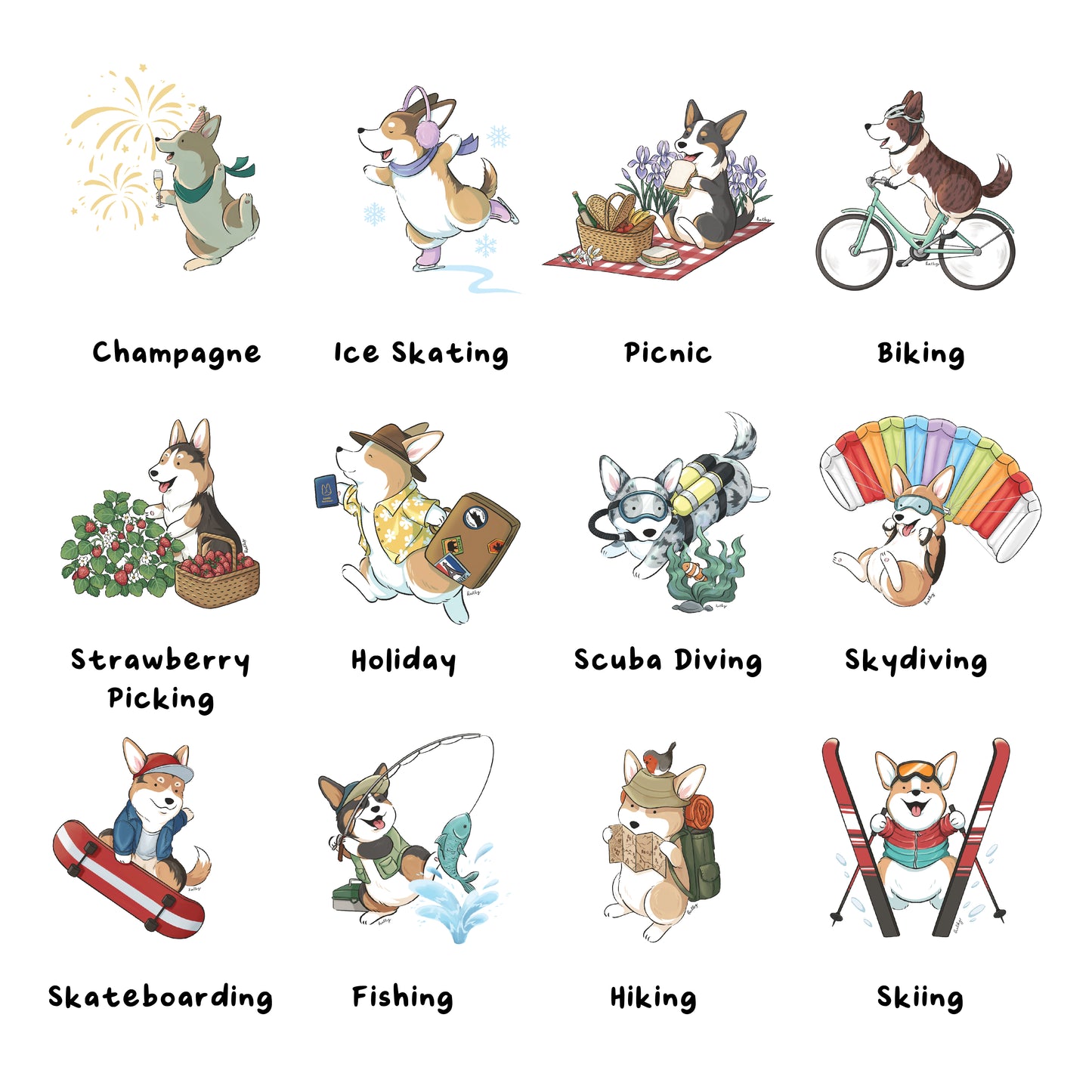 Corgis on adventures vinyl sticker pack designs