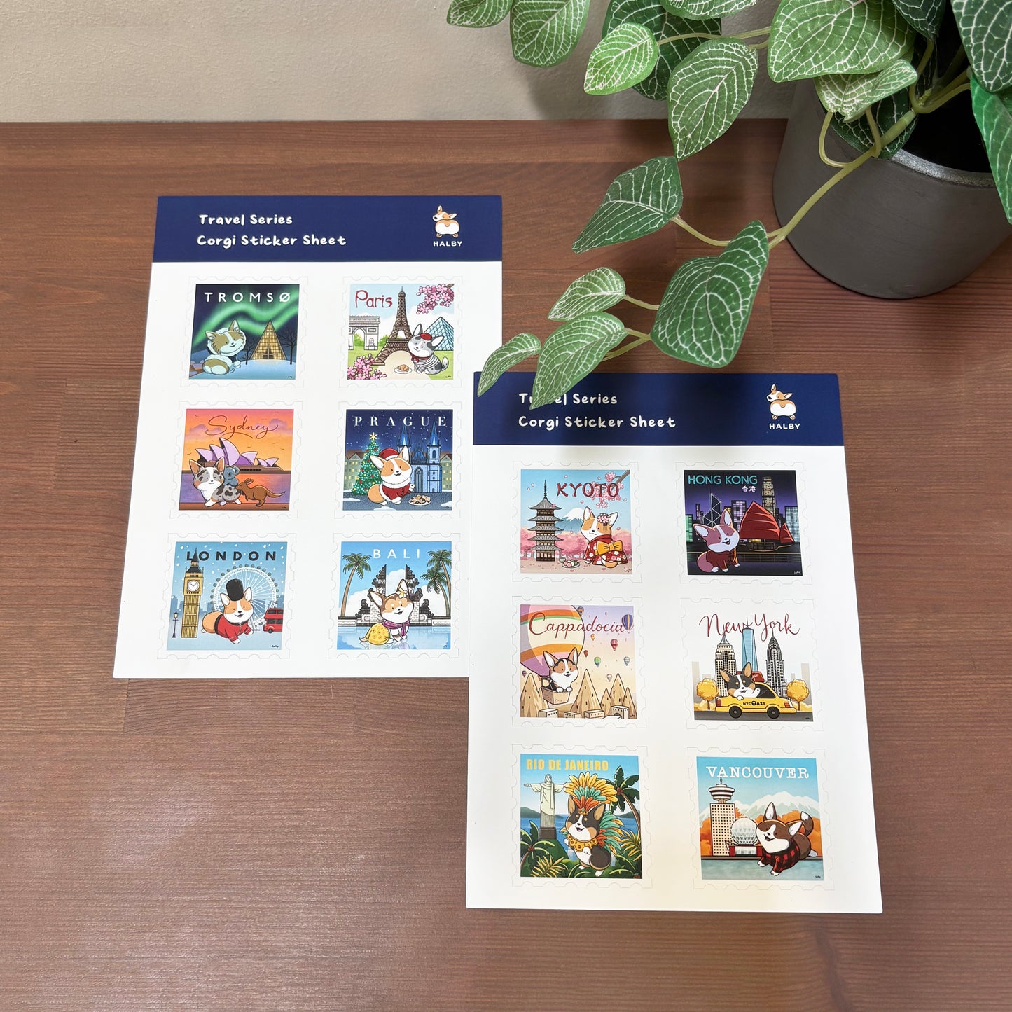 Vinyl sticker sheets with corgis travelling around the world