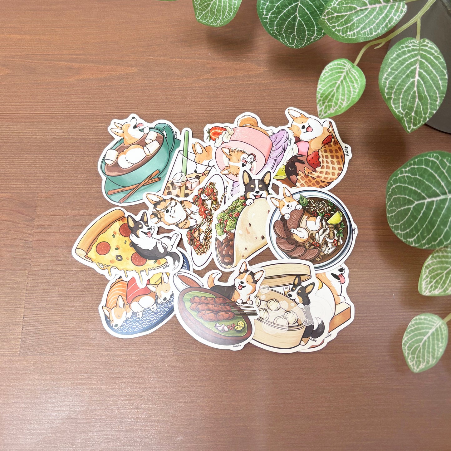 Vinyl stickers set featuring corgi dogs and food