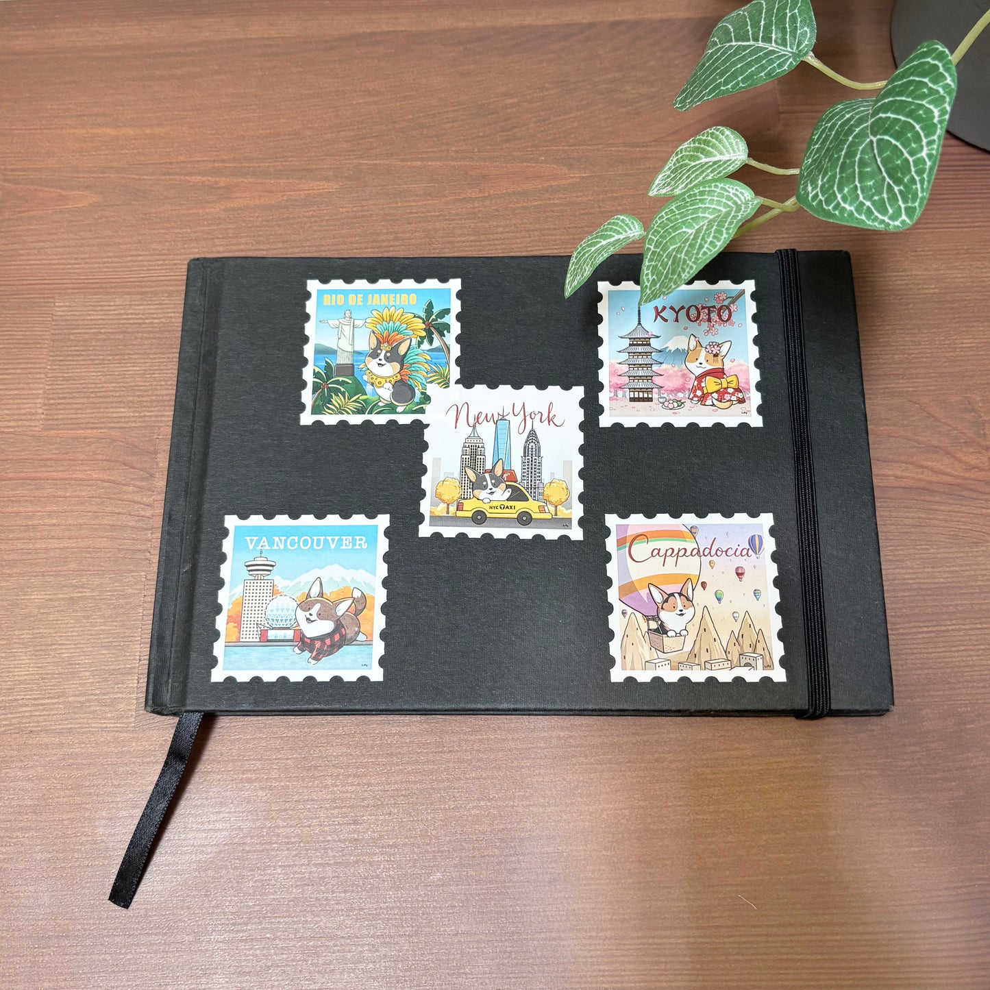 Stamp shaped stickers featuring corgis travelling