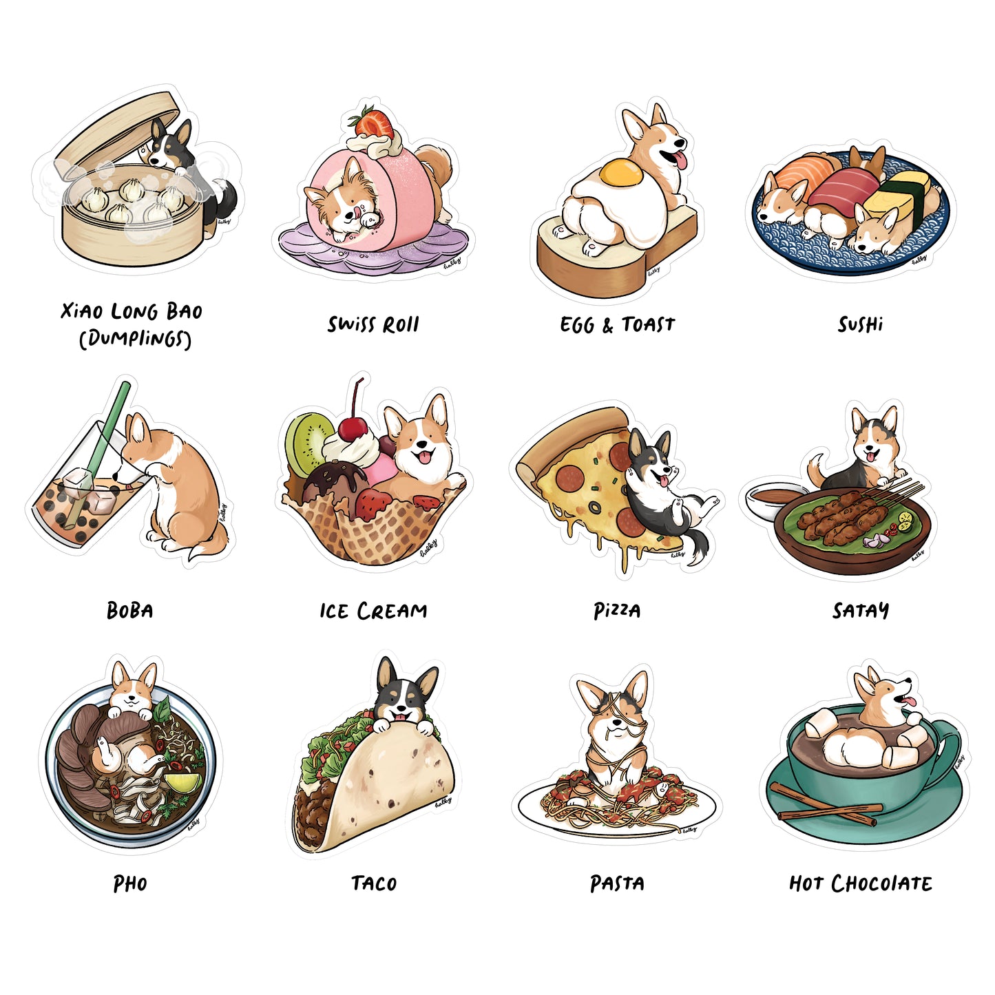 Corgis and food sticker designs