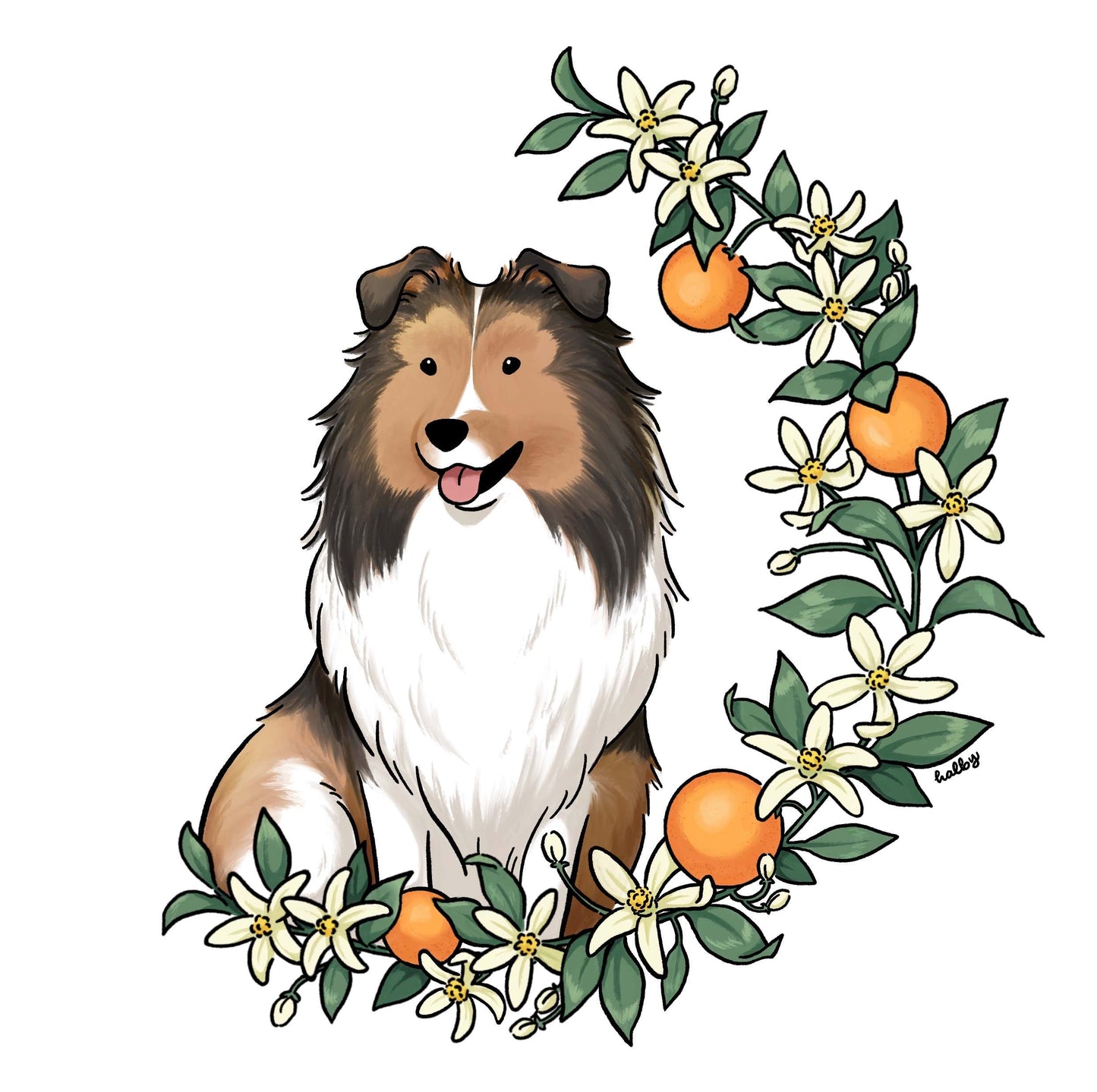 Custom Pet Illustration with Orange Blossom Wreath