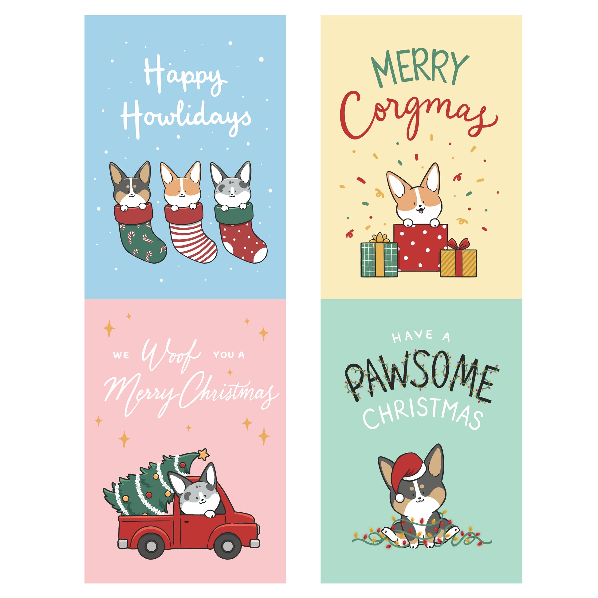 Designs of 4 Christmas cards with corgi dogs