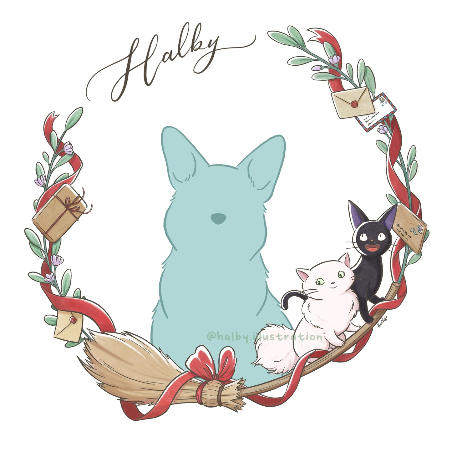 Custom Pet Illustration with Kiki Watercolor Wreath