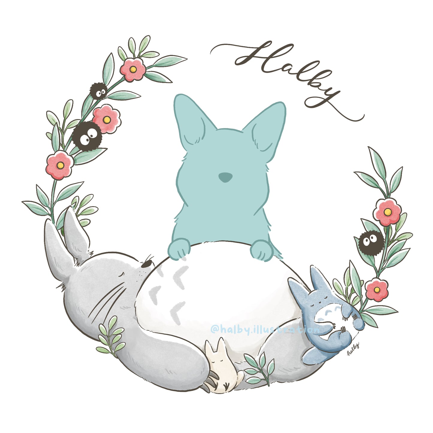 Custom Pet Illustration with Totoro Watercolor Wreath