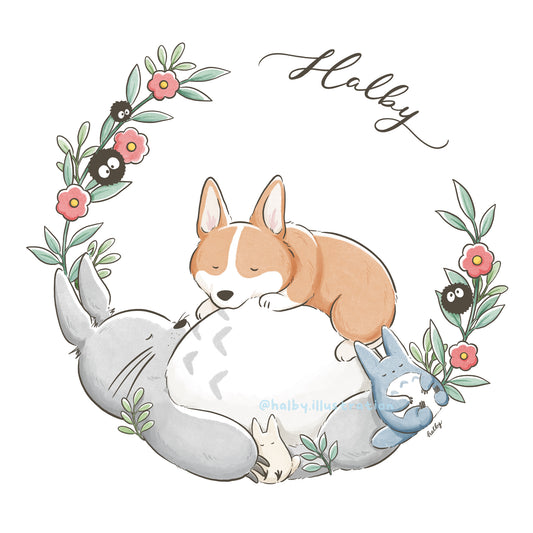 Custom Pet Illustration with Totoro Watercolor Wreath