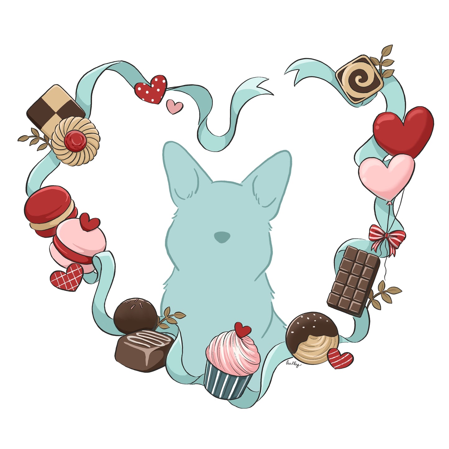 Custom Pet Illustration with Valentine Sweets Wreath