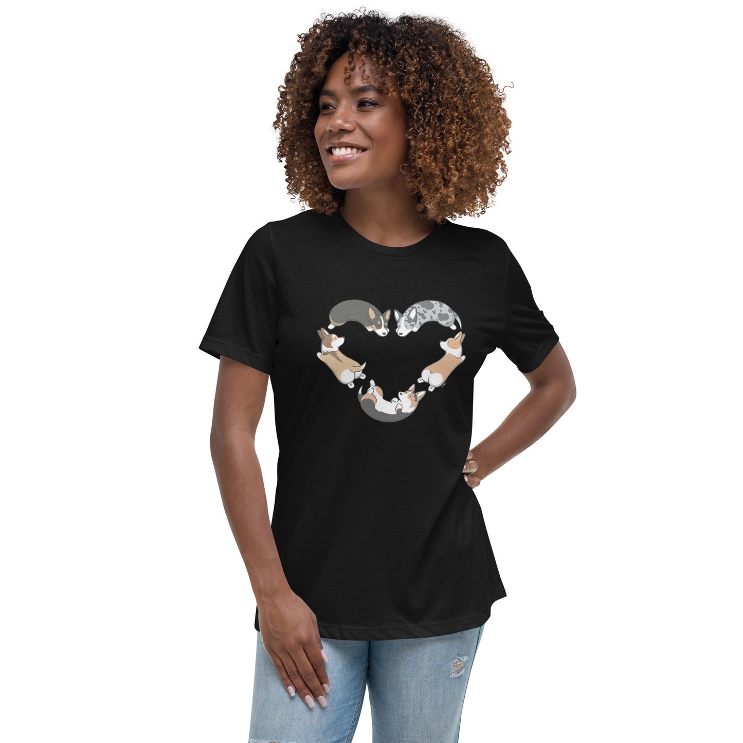 Corgis Heart Women's Relaxed T-Shirt - Black Color