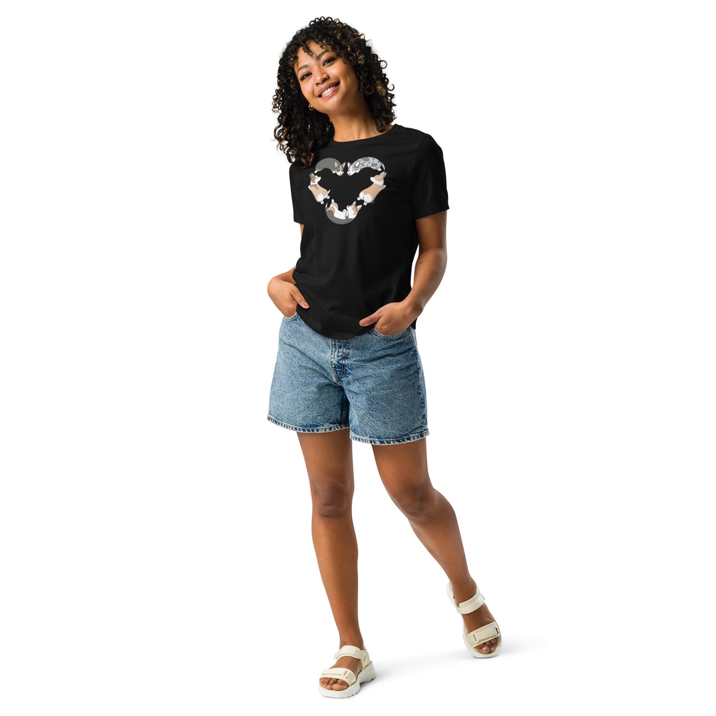 Corgis Heart Women's Relaxed T-Shirt - Black Color