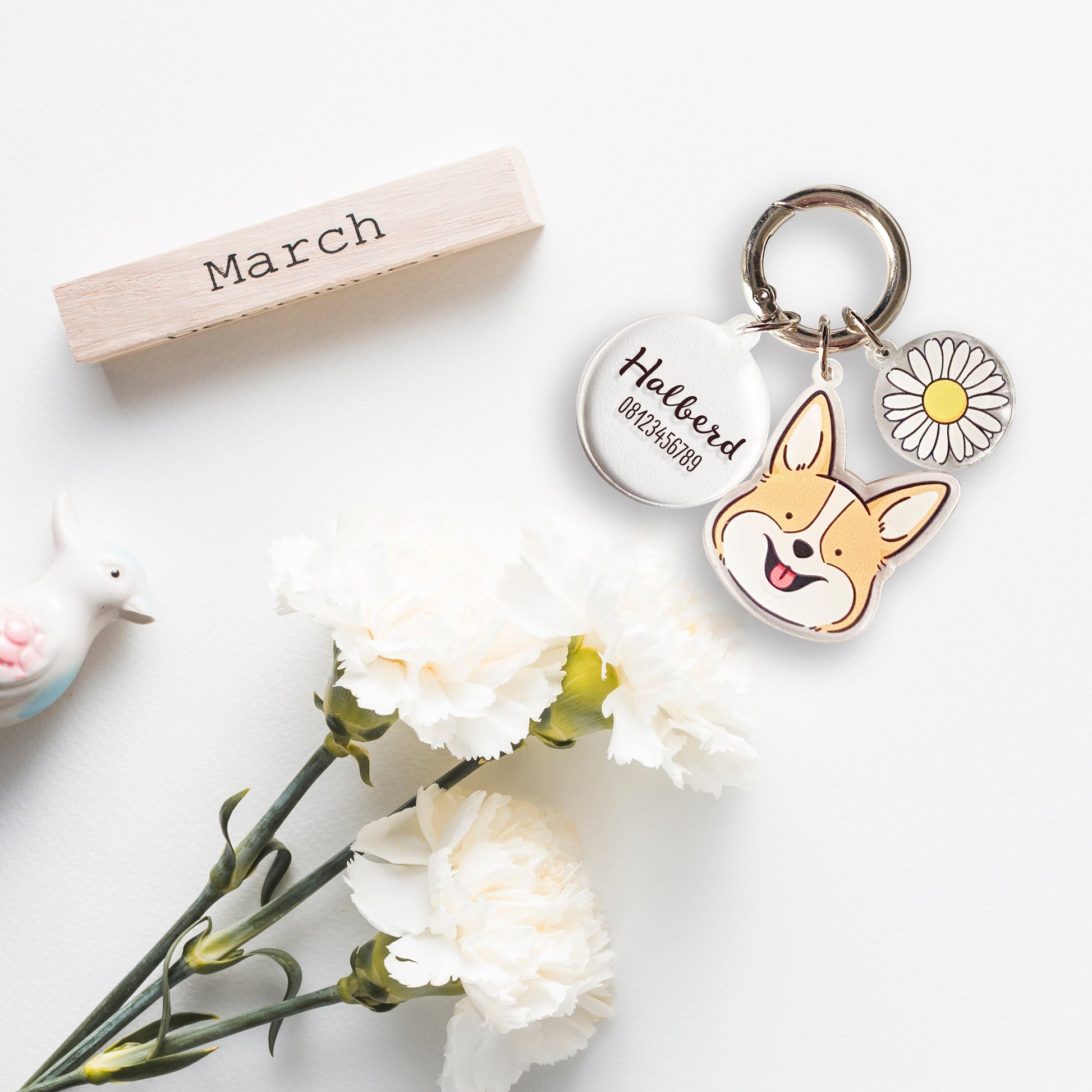 Sample combined acrylic charms with name tag, accessory and dog breed