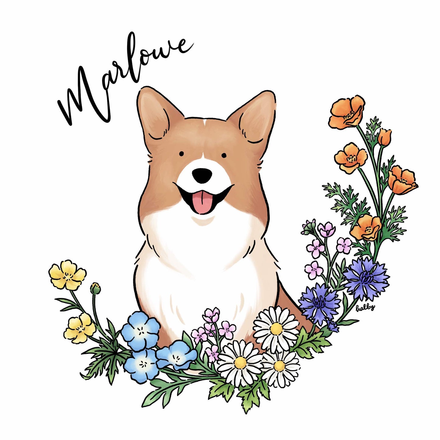 Custom Pet Illustration with Wildflower Wreath